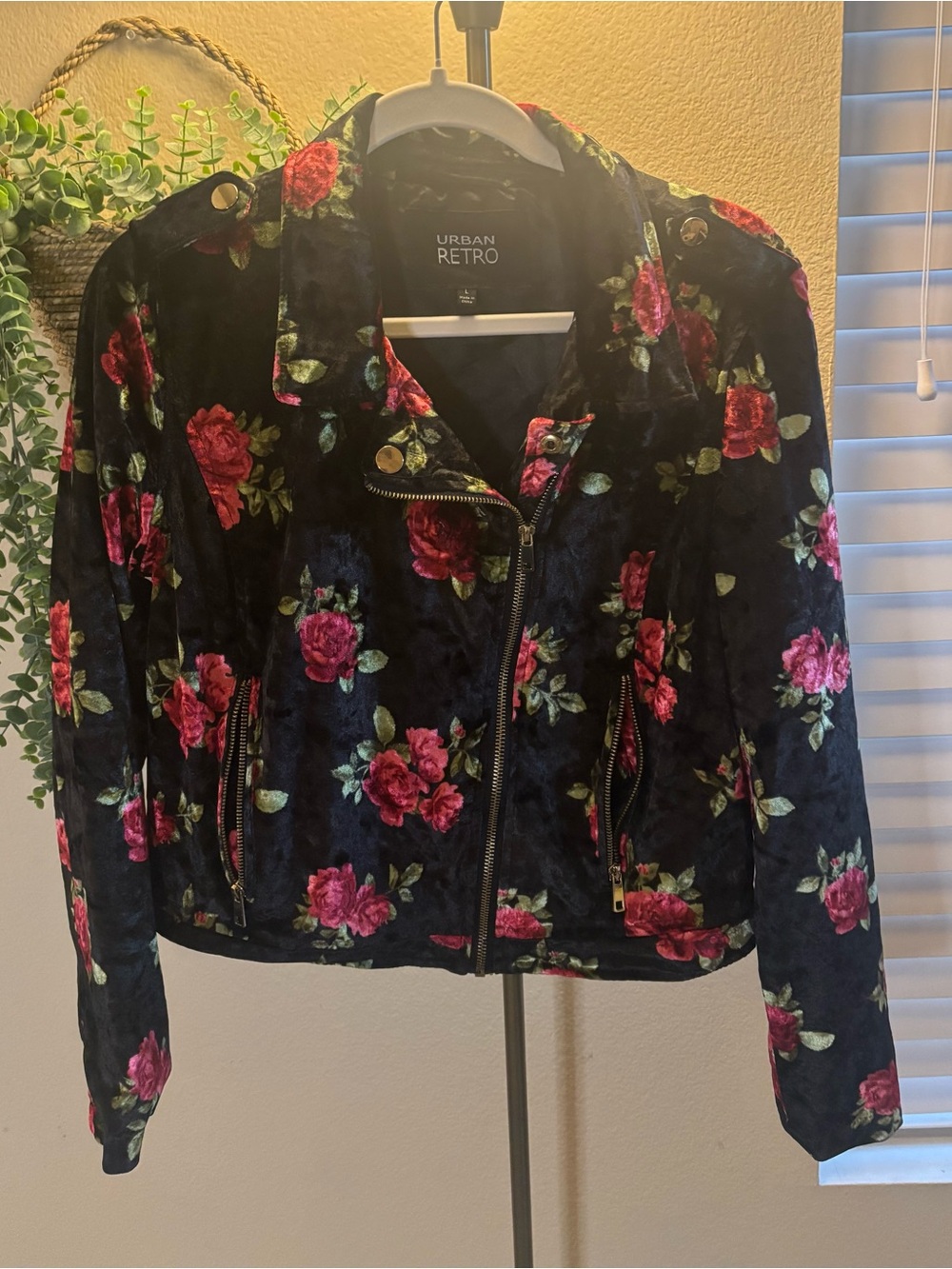 Women's Black Floral Velvet Moto Jacket